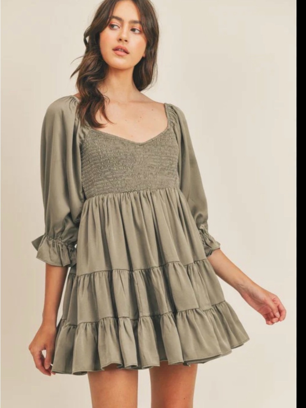 Mable Smocked Tiered Mini Dress in Silver Grey - Women - Picture 1 of 7